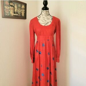Vintage 70s Maxi Dress Cottagecore Homemade Prairie Farmcore Small Red
